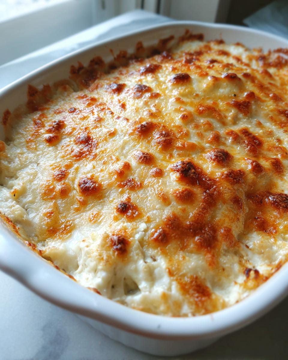 Close-up of a freshly baked Artichoke cream dip in a white casserole dish, featuring a bubbly, golden-brown melted cheese crust.
