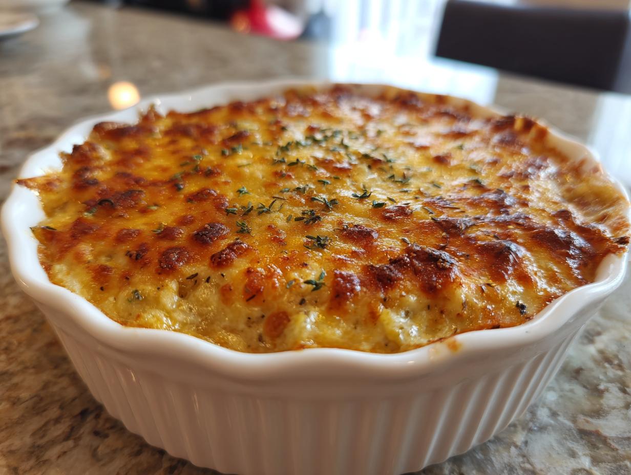 Close-up of a hot, baked Artichoke cream dip in a white ruffled dish, featuring a bubbly, golden-brown cheese crust.