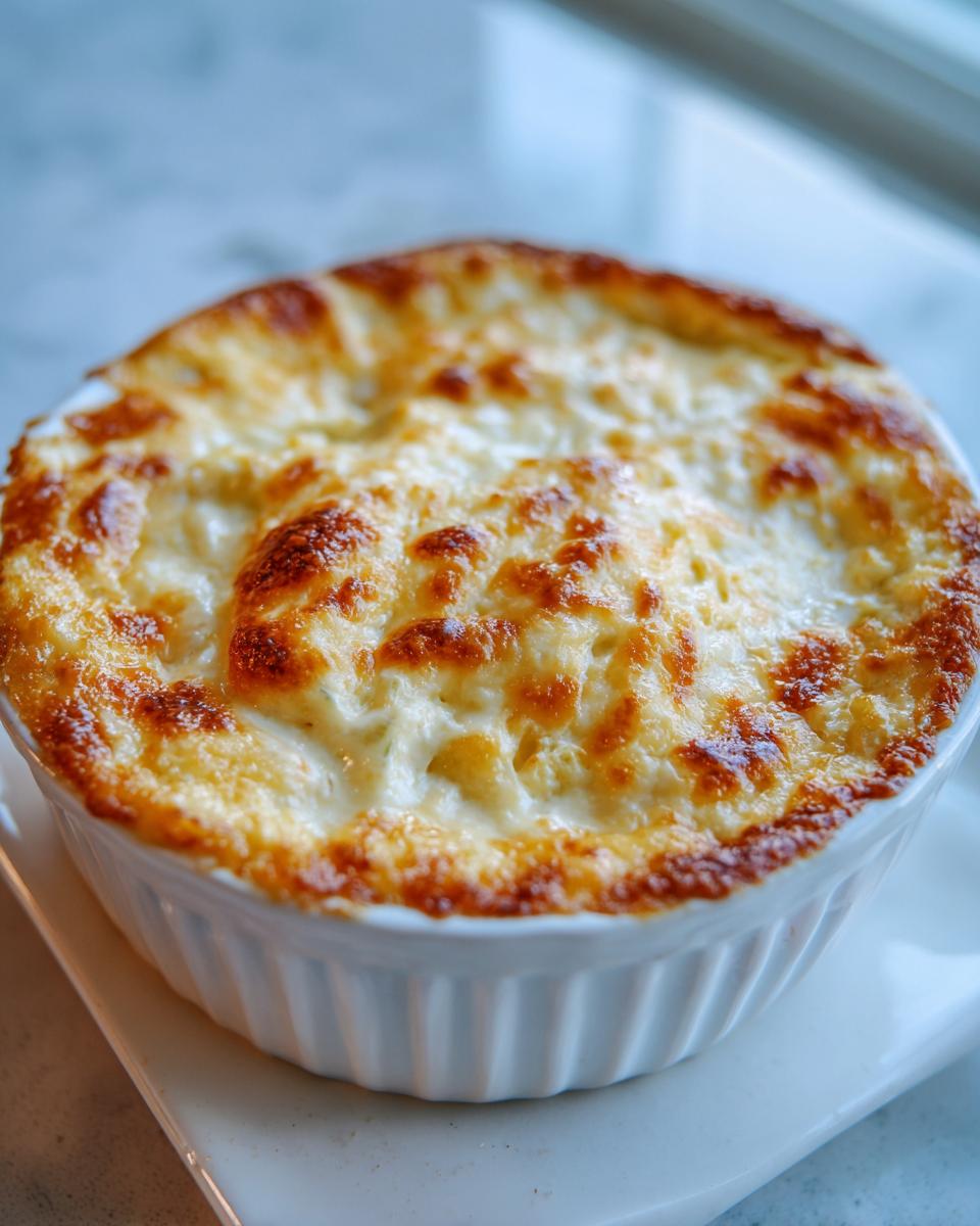 Close-up of a bubbling, baked Artichoke cream dip with a golden-brown, melted cheese crust in a white ramekin.