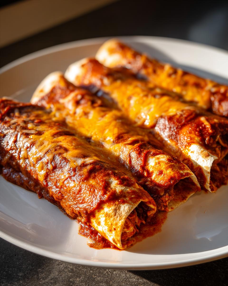 Close-up of four baked chicken enchiladas covered in rich red sauce and melted cheese on a white plate.