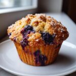 A single, perfectly baked Bakery style blueberry muffin topped with coarse sugar, sitting on a white plate.
