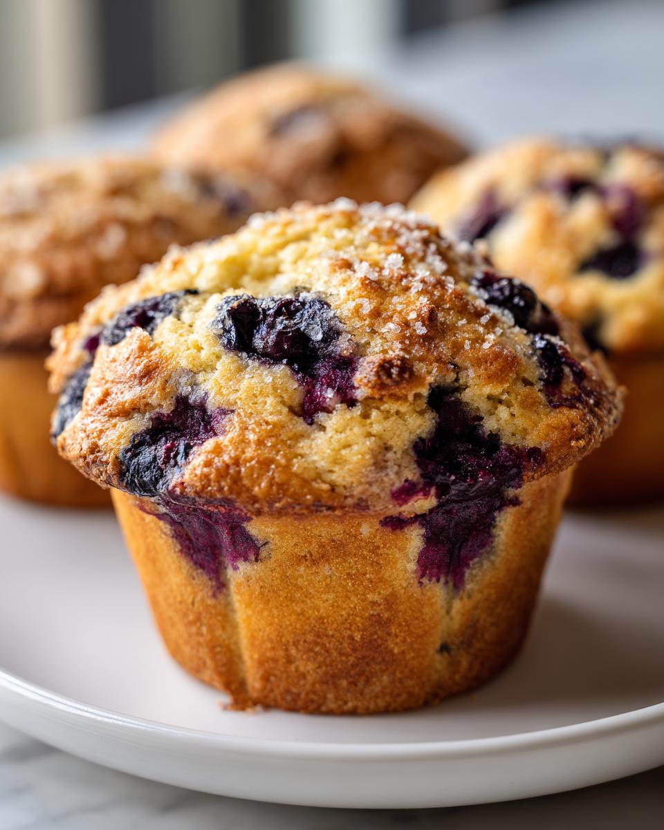 A close-up of a perfectly baked bakery style blueberry muffin topped with coarse sugar, sitting on a white plate.