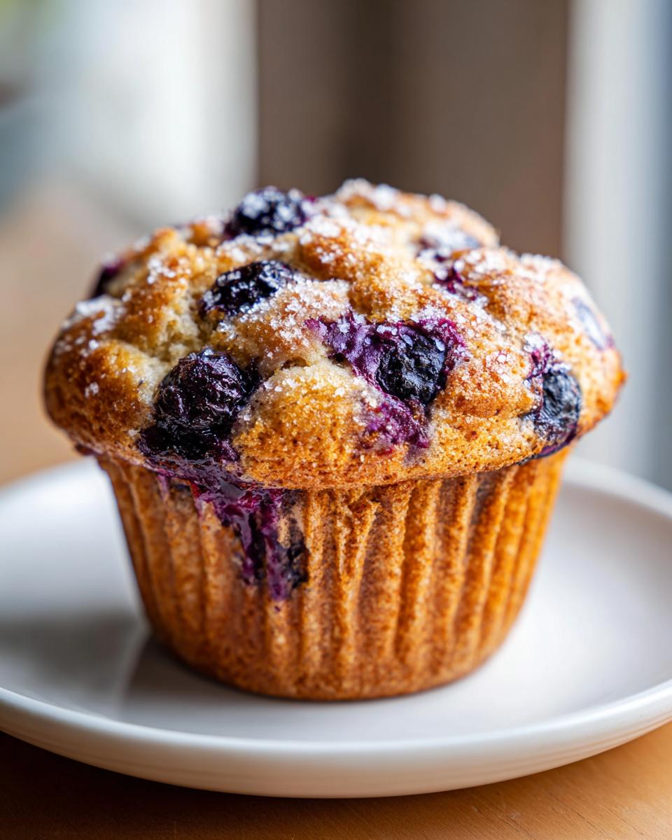 A perfectly domed Bakery style blueberry muffin topped with coarse sugar, sitting on a white plate.
