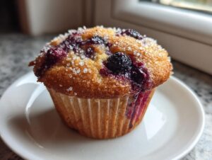 Close-up of a golden Bakery style blueberry muffin topped with coarse sugar crystals.