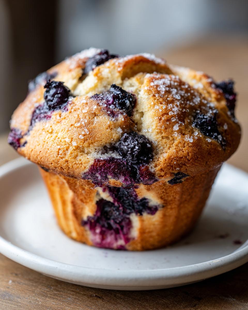 A close-up of a perfectly domed bakery style blueberry muffin sprinkled with coarse sugar, sitting on a white plate.