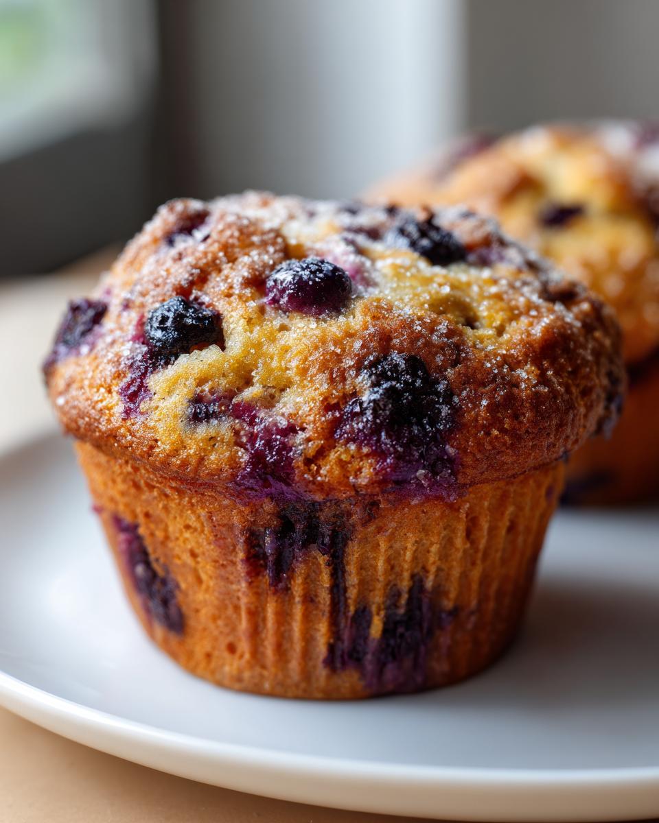 A close-up of a perfectly baked bakery style blueberry muffin topped with coarse sugar.