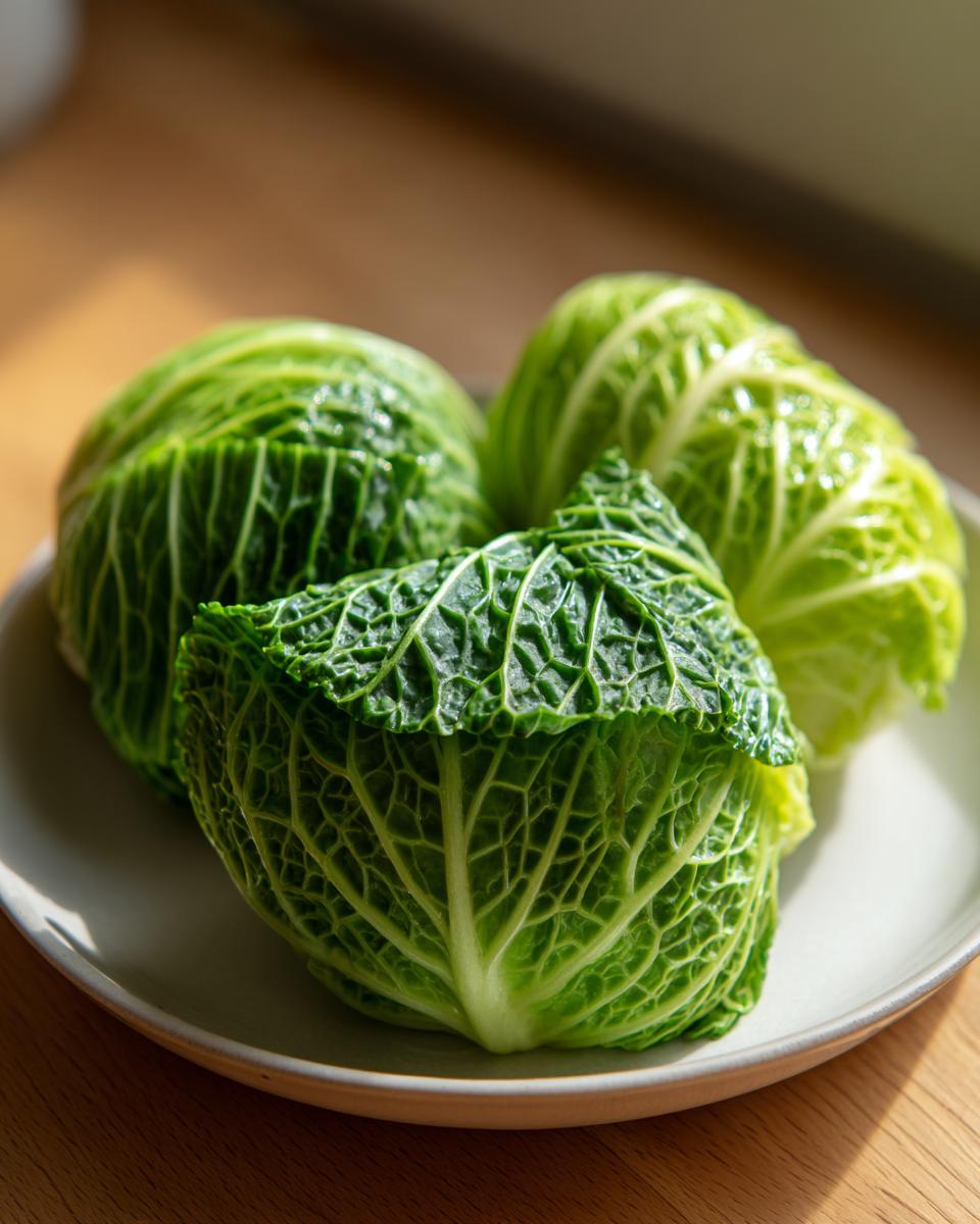 Three bright green, blanched cabbage leaves ready for making cabbage dumplings, resting on a light plate.
