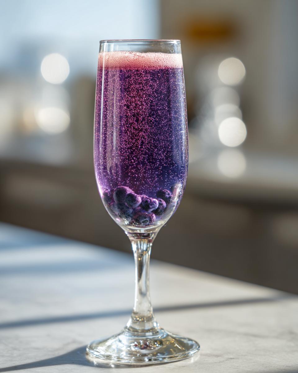 A tall flute glass filled with a vibrant, bubbling purple Blueberry Lemosas drink, garnished with fresh blueberries at the bottom.