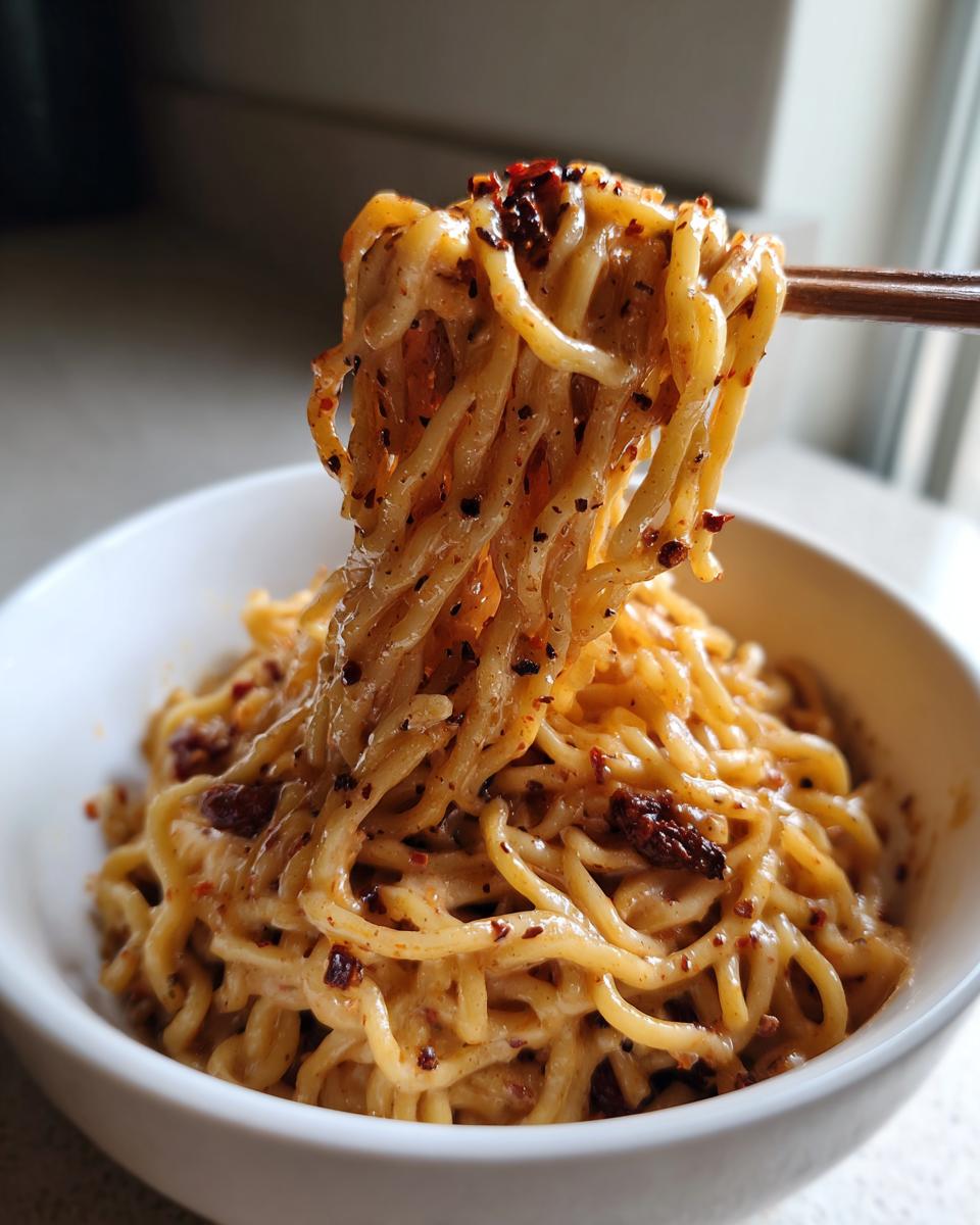 Close-up of creamy Carbonara buldak ramen noodles being lifted from a white bowl with wooden chopsticks, topped with chili flakes.
