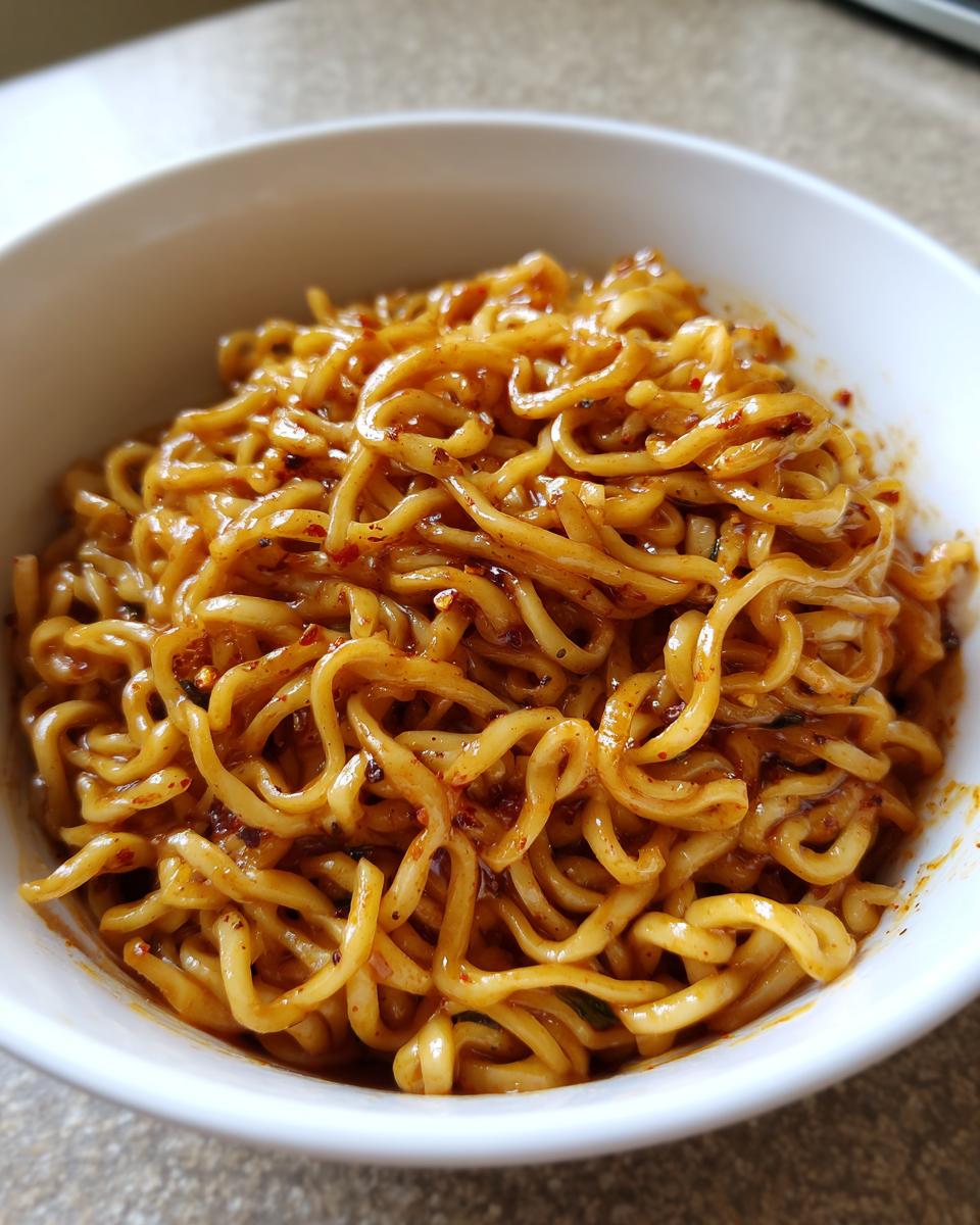 Close-up of creamy, saucy noodles coated in a spicy sauce, representing Carbonara buldak ramen.