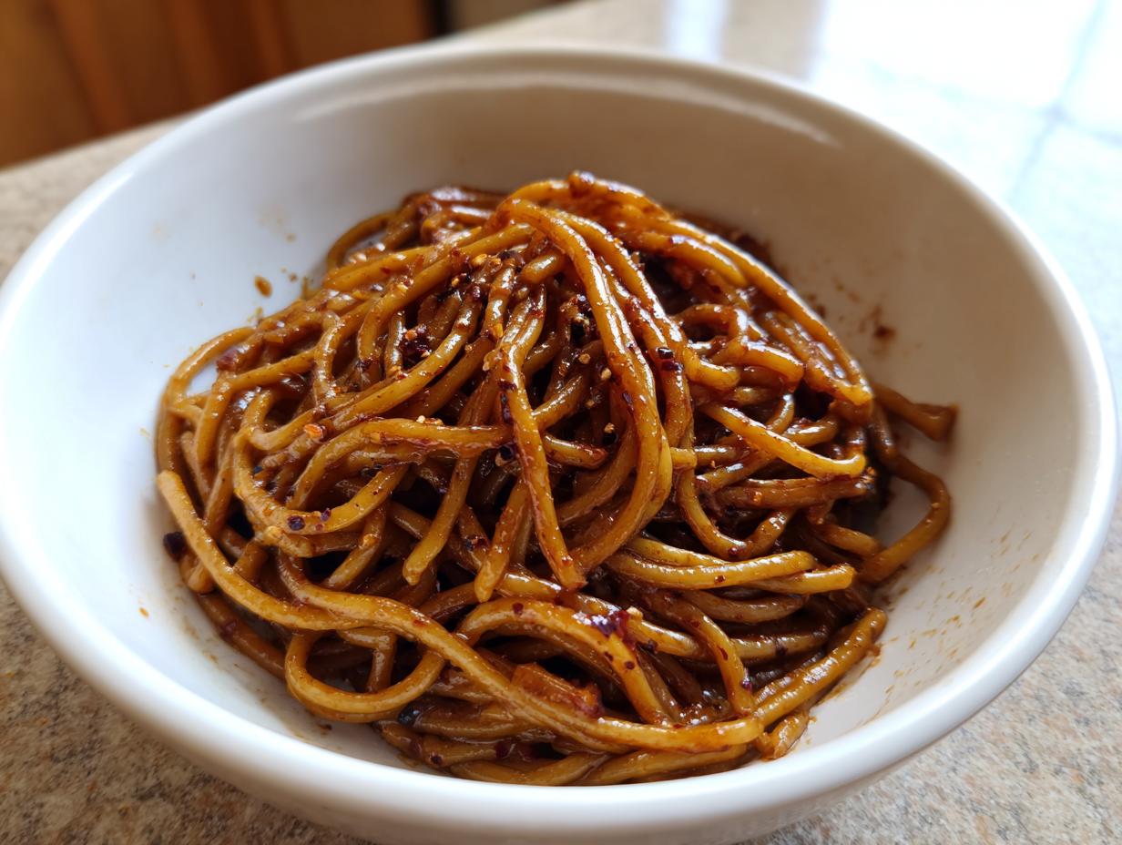 Close-up of glossy, dark sauced Carbonara buldak ramen noodles tossed with chili flakes in a white ceramic bowl.