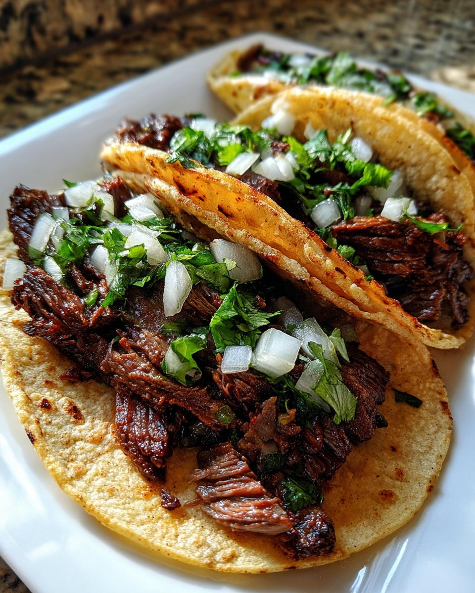 Close-up of three delicious Carne asada street tacos filled with marinated steak, topped with diced white onion and fresh cilantro.