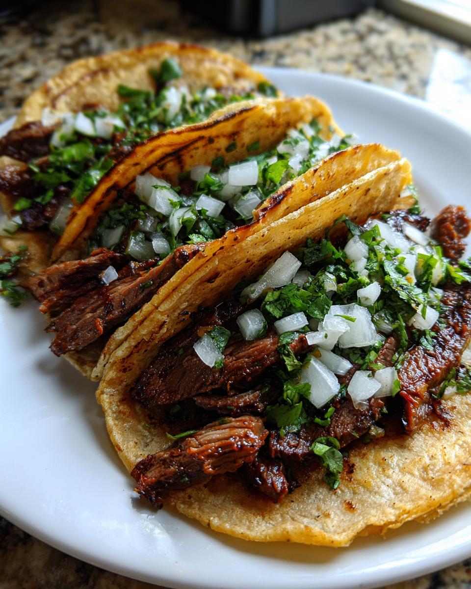 Three perfectly assembled carne asada street tacos topped with diced white onion and cilantro on a white plate.
