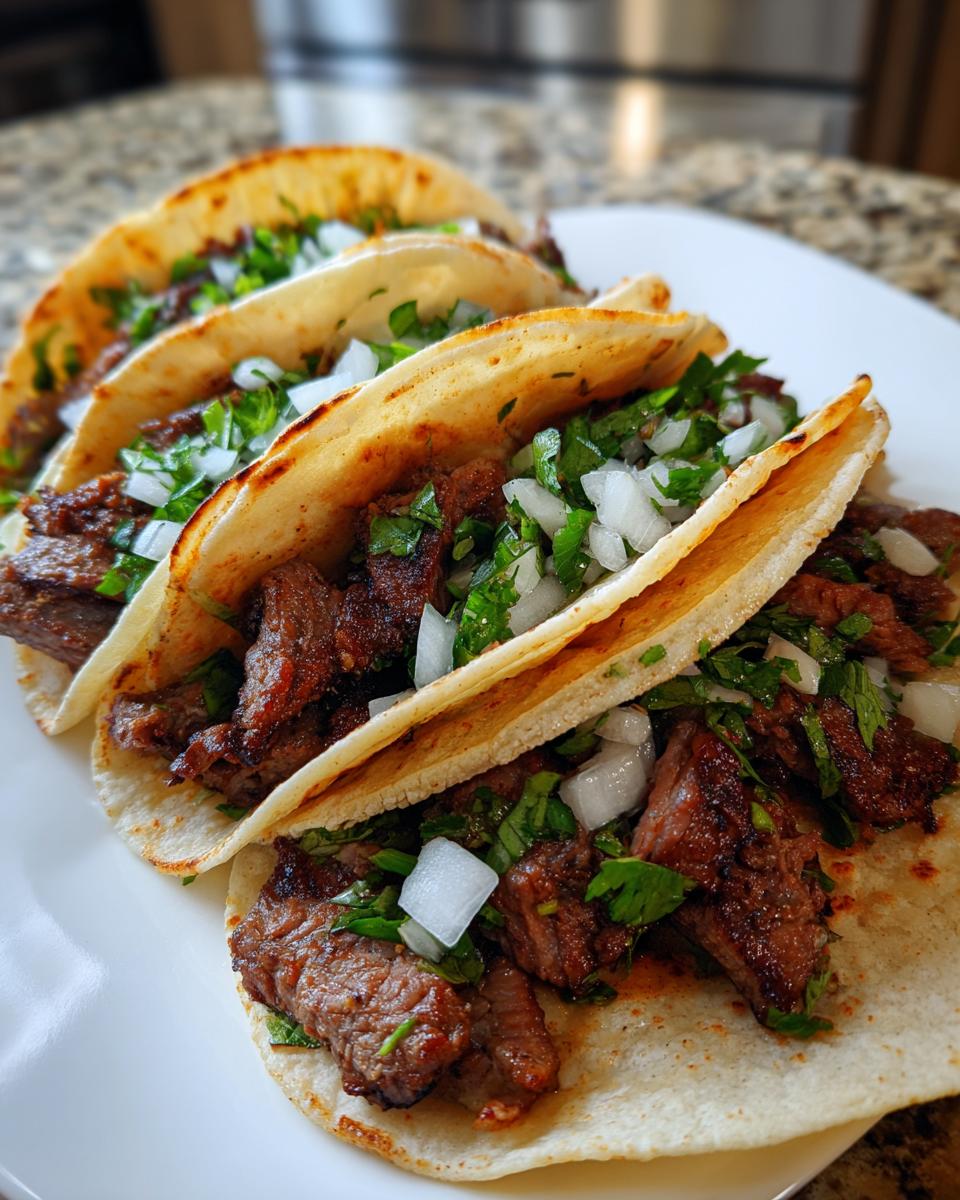 Close-up of three perfectly assembled Carne asada street tacos topped with diced white onion and cilantro.