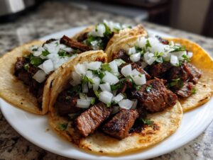 Close-up of four authentic Carne asada street tacos topped with diced white onion and cilantro.