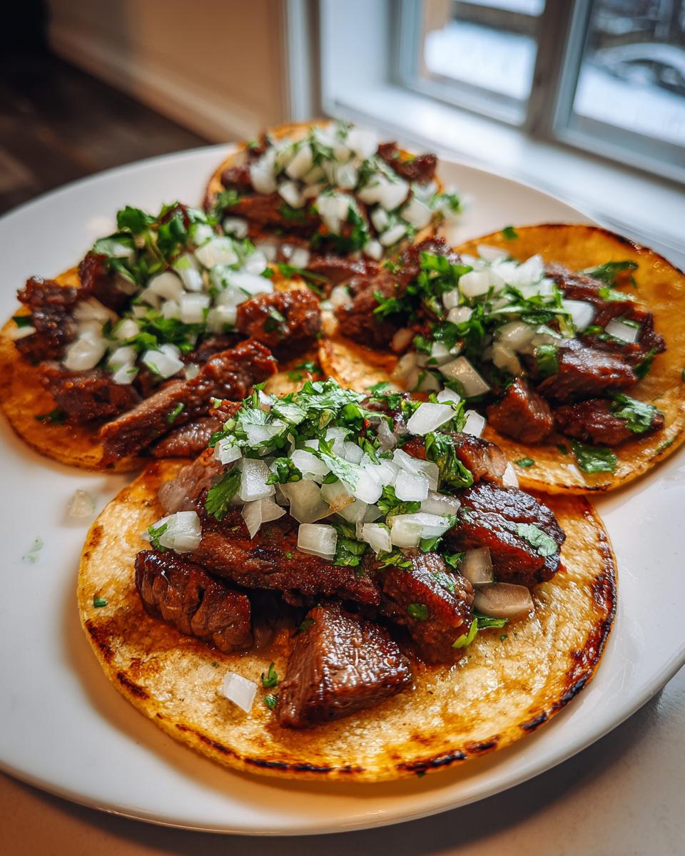 Close-up of four delicious Carne asada street tacos topped with diced white onion and cilantro on a white plate.