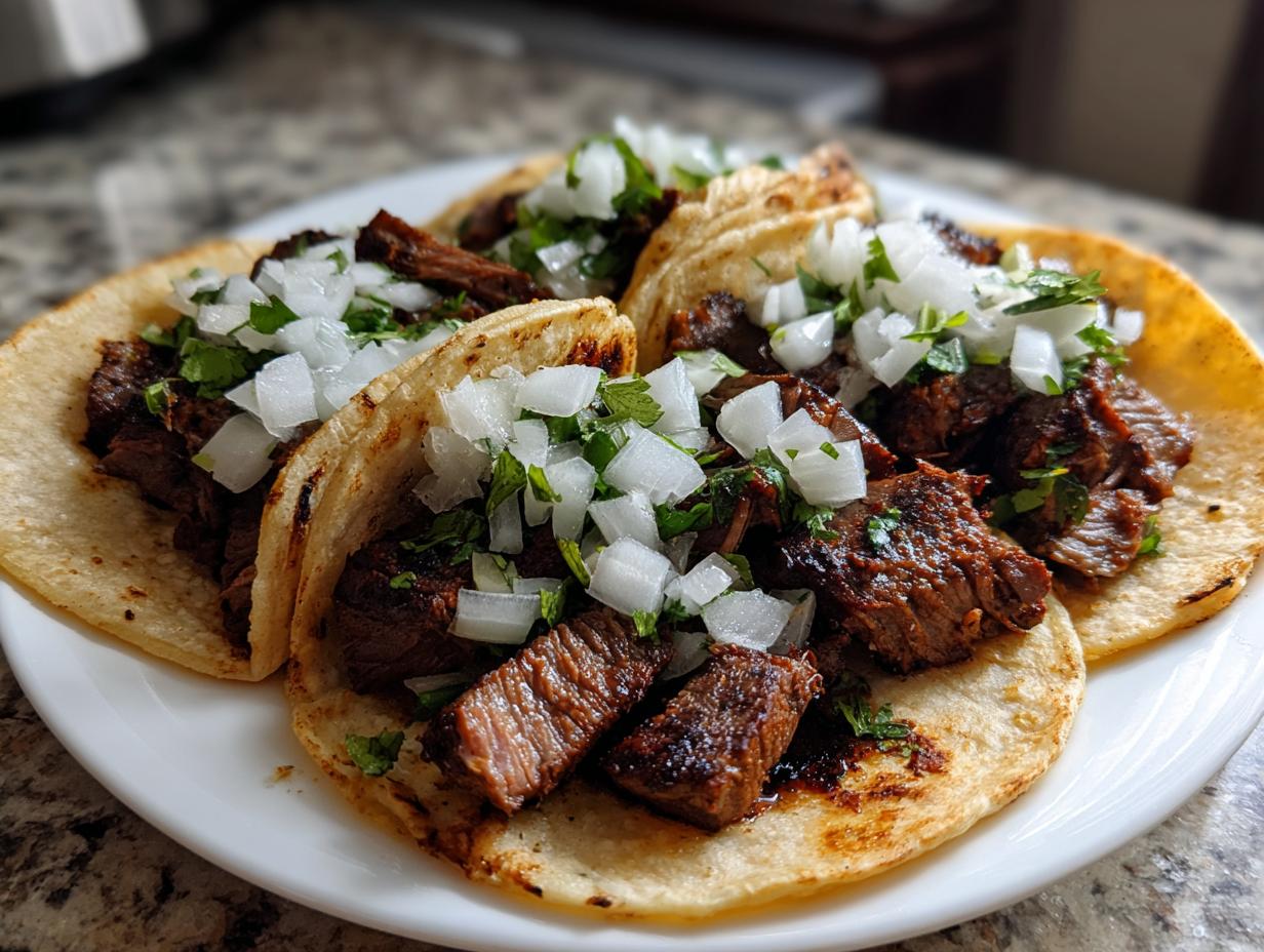 Close-up of four authentic Carne asada street tacos topped with diced white onion and cilantro.