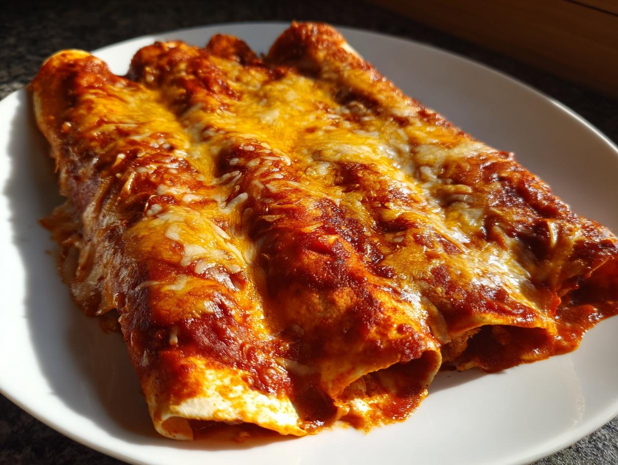 Three baked chicken enchiladas covered in rich red sauce and melted golden cheese on a white plate.