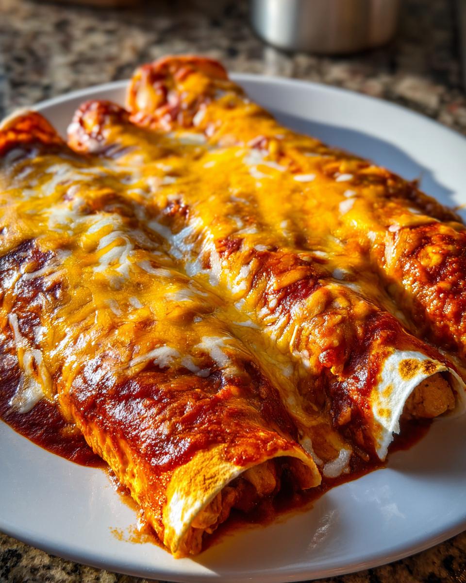 Close-up of three rolled chicken enchiladas smothered in red sauce and melted cheddar cheese on a white plate.