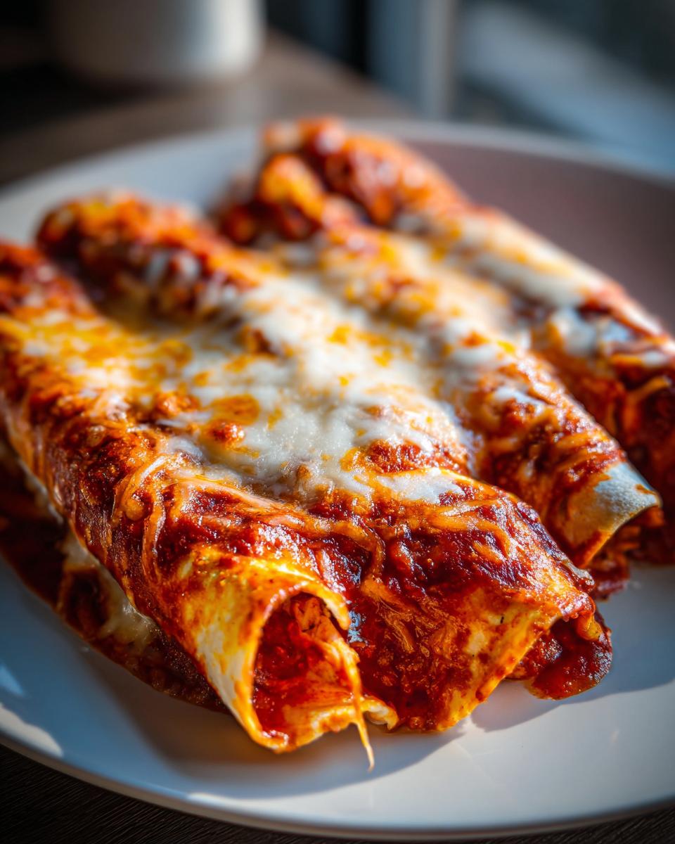 Close-up of three red sauce-covered chicken enchiladas topped with melted white and yellow cheese.