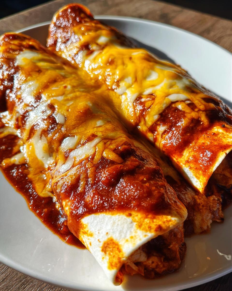 Two rolled chicken enchiladas smothered in rich red sauce and melted cheddar and Monterey Jack cheese.