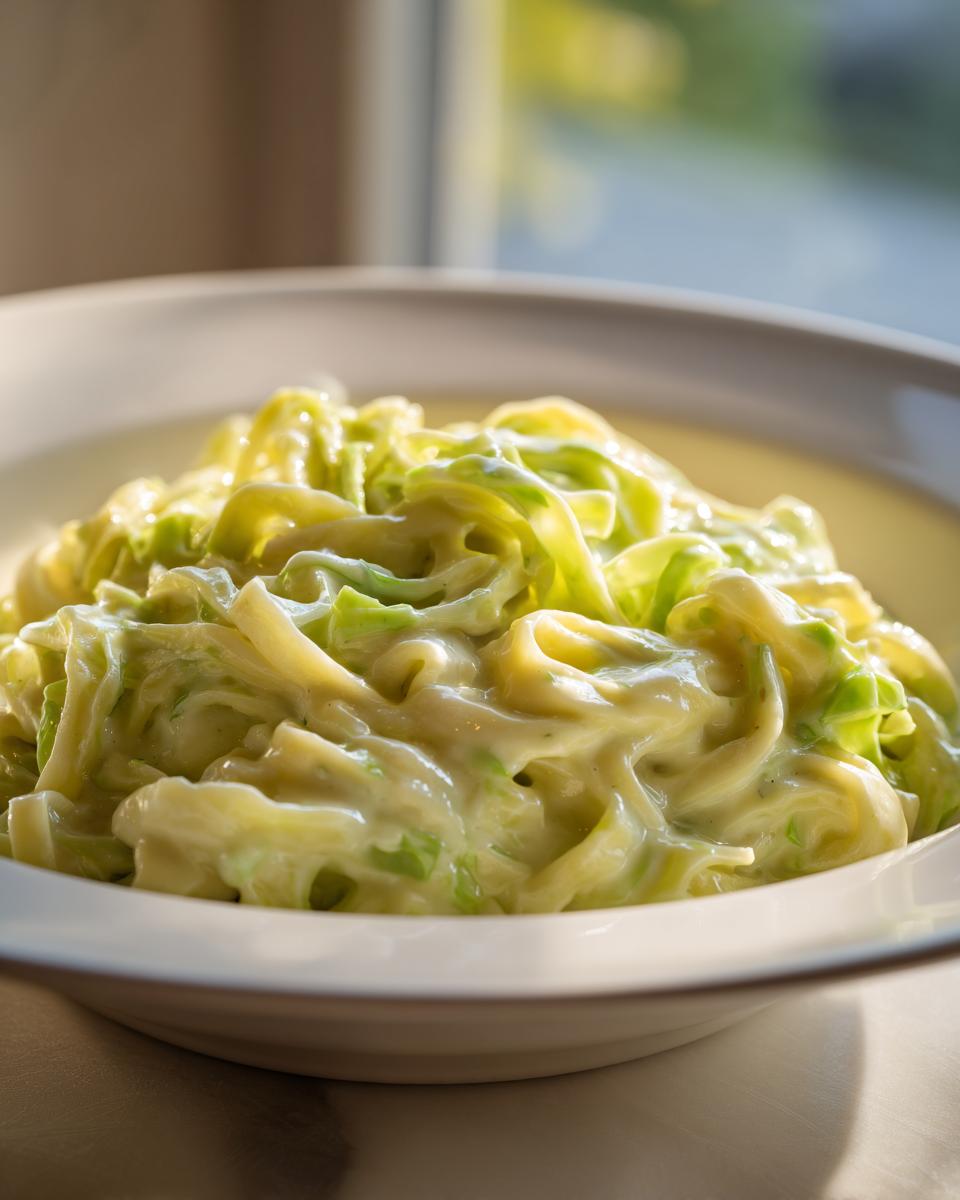 Close-up of tender cabbage strips coated in a rich, creamy sauce, resembling pasta, for Cabbage alfredo.