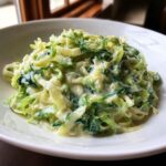 A close-up of creamy Cabbage alfredo noodles tossed in a rich white sauce, served in a white bowl.