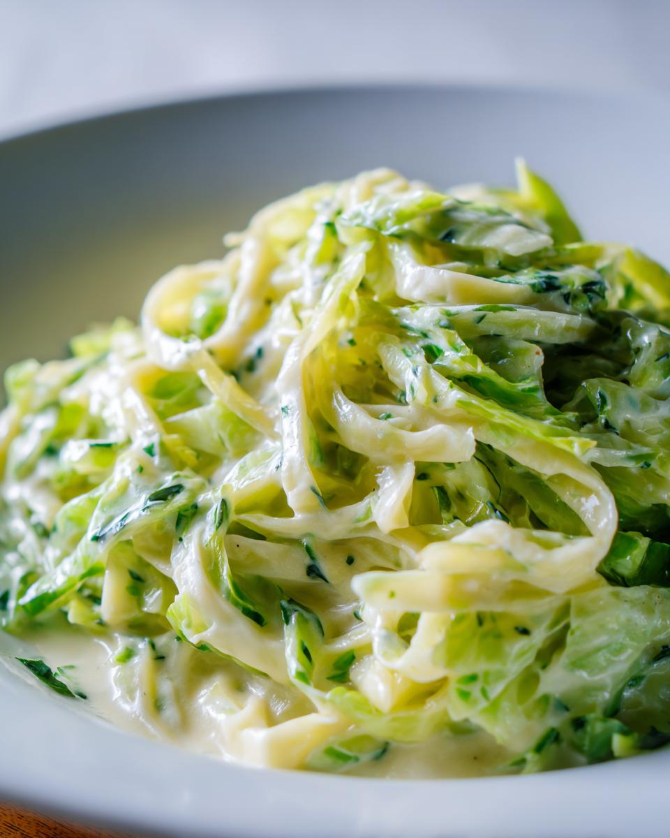Close-up of shredded cabbage tossed in a rich, creamy sauce, resembling pasta, for Cabbage alfredo.