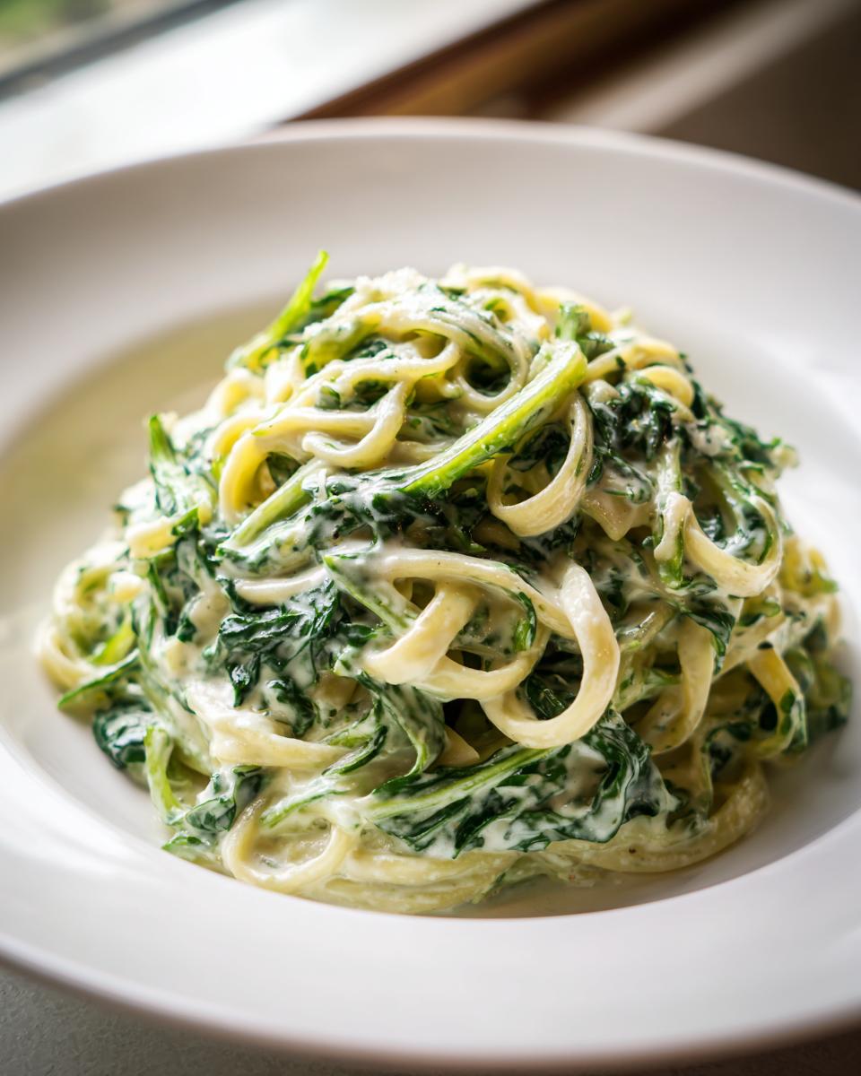 A close-up of creamy Cabbage alfredo featuring green spiralized vegetables coated in a rich white sauce.