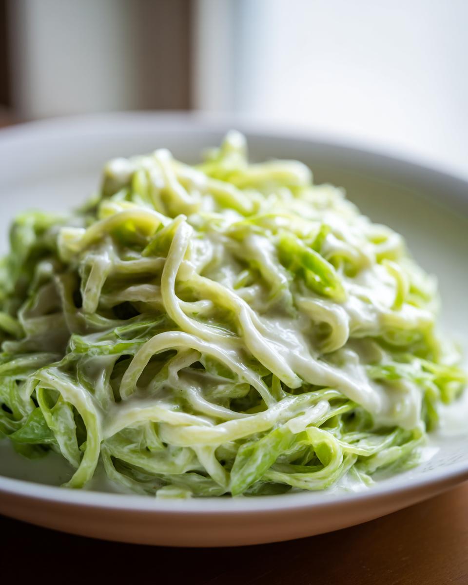 A close-up shot of spiralized green cabbage coated in a rich, creamy white sauce, resembling Cabbage alfredo.