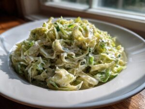 A close-up of a white bowl filled with creamy Cabbage alfredo, featuring shredded green cabbage coated in a rich white sauce.