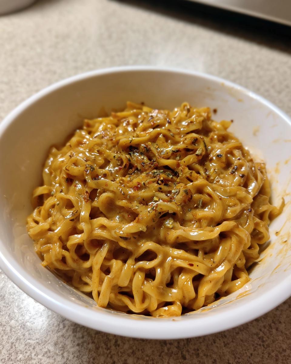 Close-up of creamy Carbonara buldak ramen noodles topped with dried herbs in a white bowl.