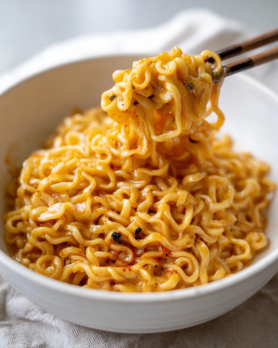Close-up of creamy Carbonara buldak ramen noodles being lifted from a white bowl with wooden chopsticks.