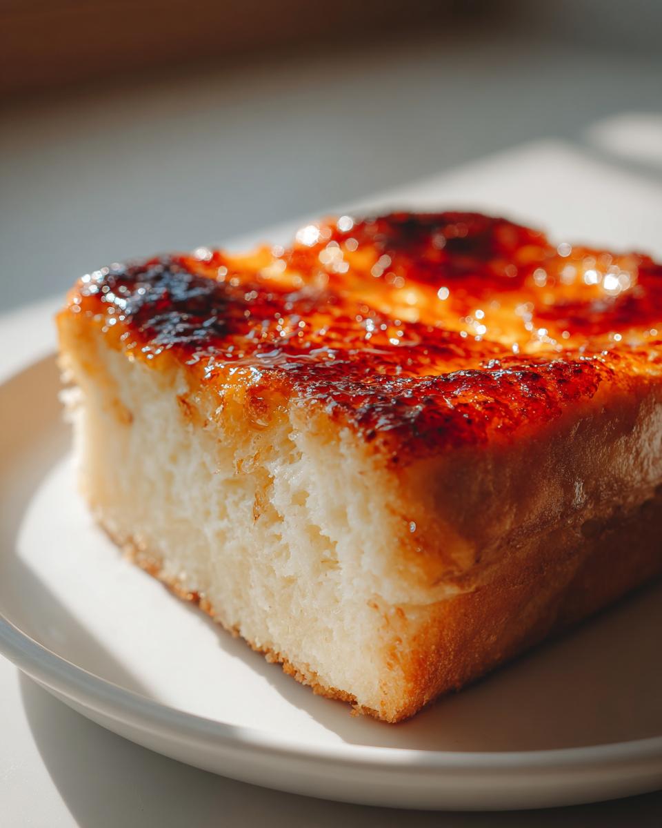 A thick slice of Crème brûlée French toast featuring a perfectly caramelized, glossy, and slightly burnt sugar crust.