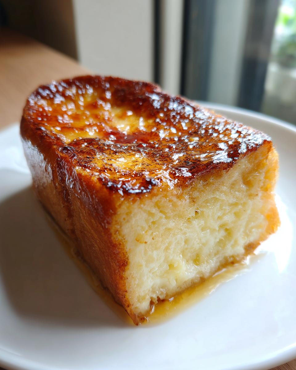 A thick slice of Crème brûlée French toast featuring a perfectly caramelized, glossy sugar crust.