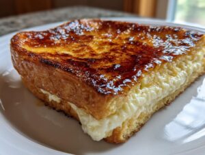 Close-up of a thick slice of Crème brûlée French toast with a creamy filling and a glossy, caramelized sugar crust.