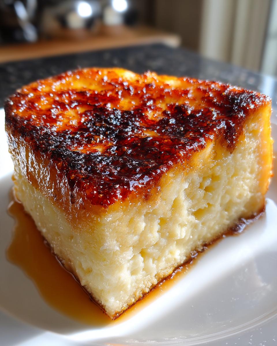 Close-up of a thick slice of Crème brûlée French toast with a caramelized, dark sugar crust.
