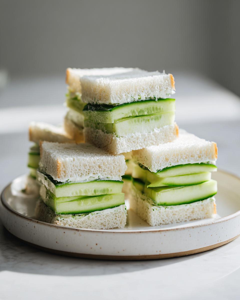 A stack of crustless cucumber tea sandwiches filled with cream cheese and thinly sliced cucumbers.