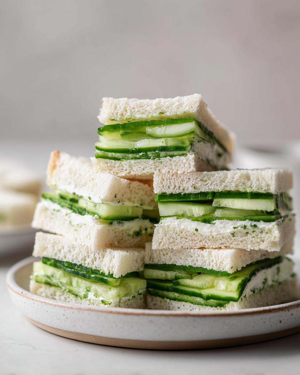 A tall stack of crustless cucumber tea sandwiches filled with thinly sliced cucumber and cream cheese.