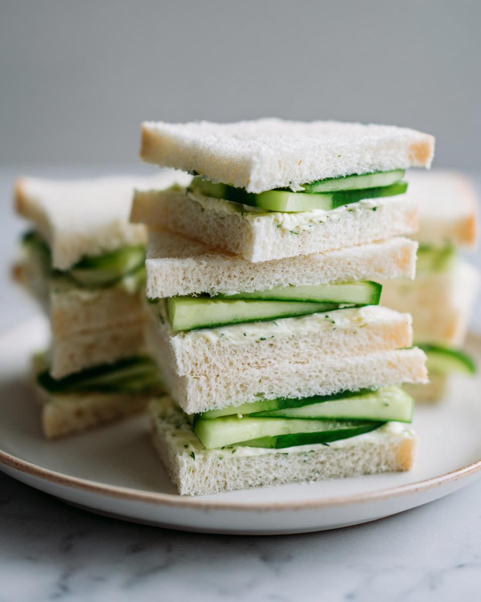 A tall stack of crustless cucumber tea sandwiches filled with thinly sliced cucumbers and herbed cream cheese.
