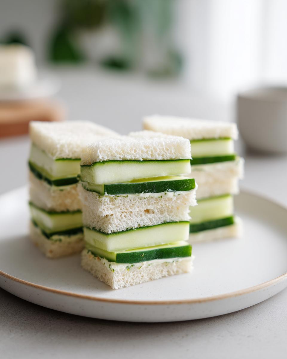 Close-up of stacked, crustless cucumber tea sandwiches featuring thick slices of fresh cucumber and cream cheese spread.