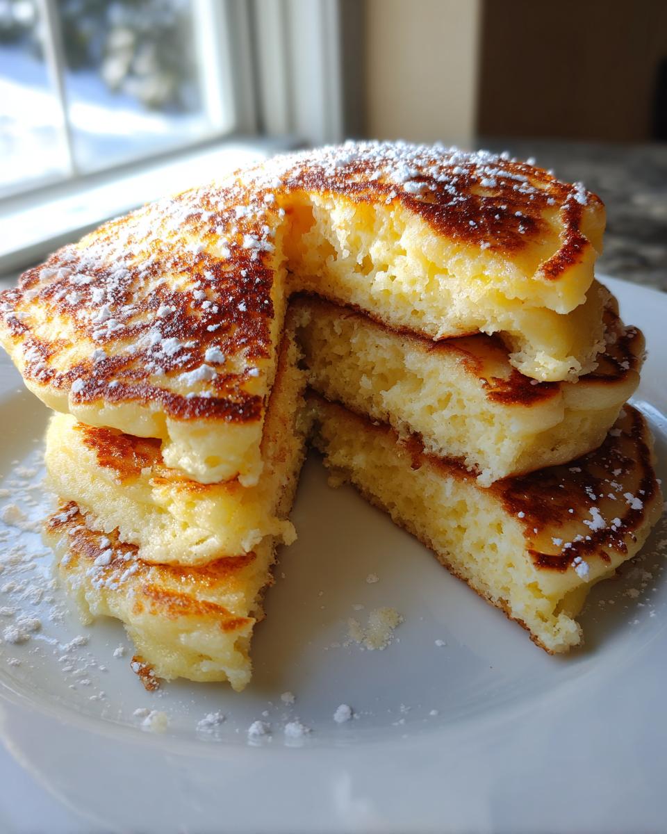A close-up of a stack of fluffy Lemon Ricotta Pancakes, cut to show the airy interior, dusted with powdered sugar.