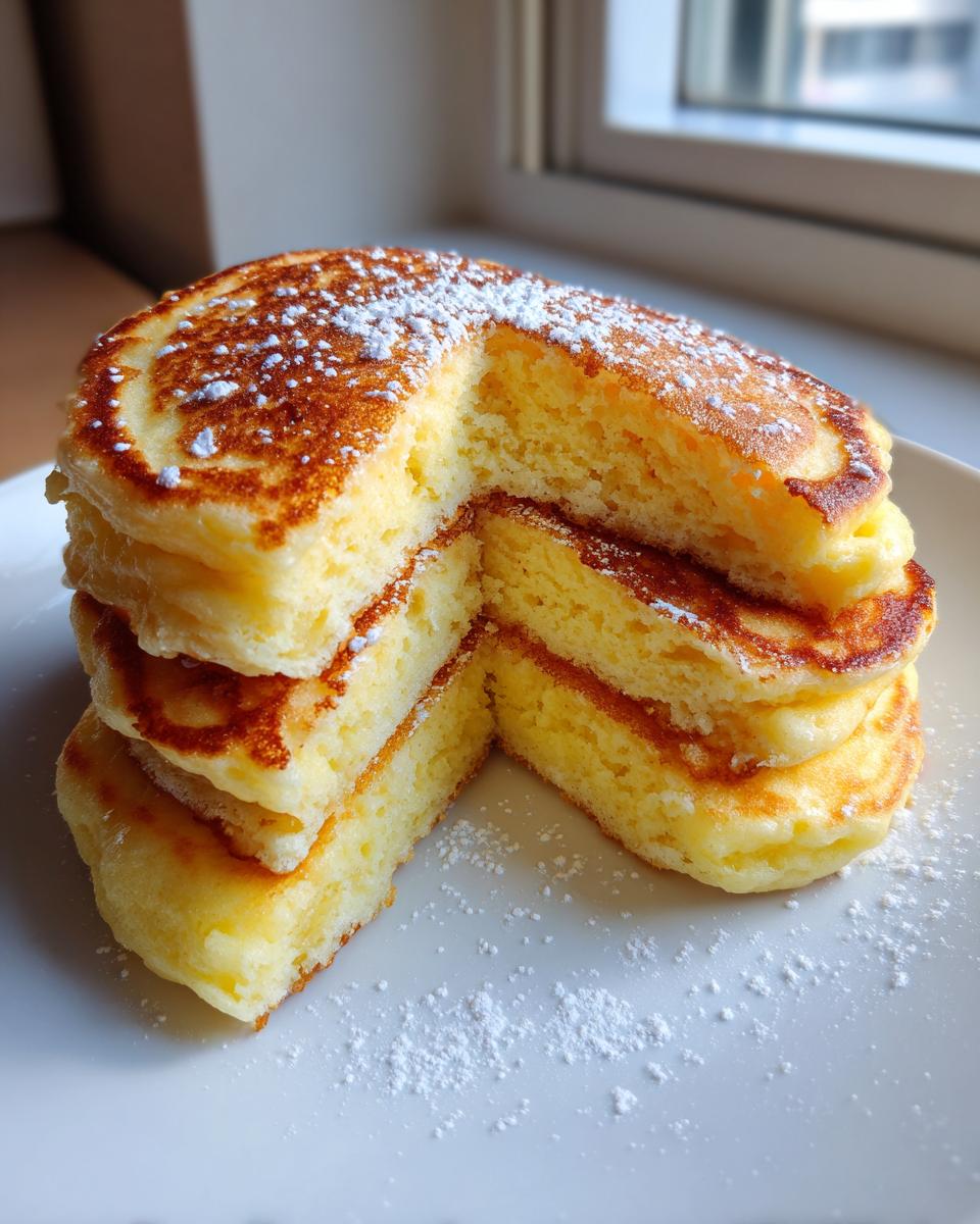 A stack of incredibly fluffy Lemon ricotta pancakes, cut to show the airy interior, dusted with powdered sugar.