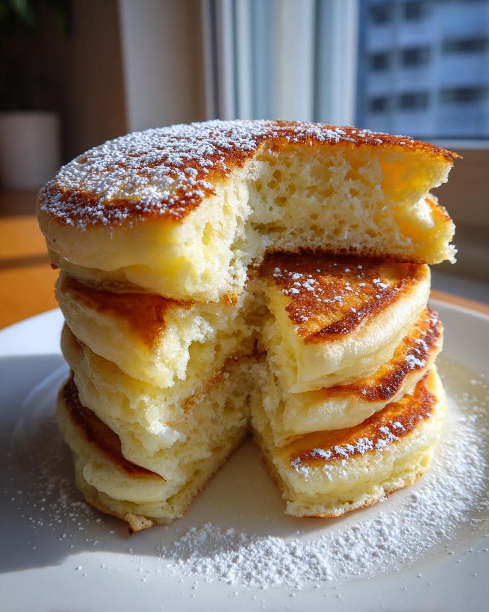 A tall stack of incredibly fluffy Lemon Ricotta Pancakes, cut open to show the airy interior, dusted with powdered sugar.