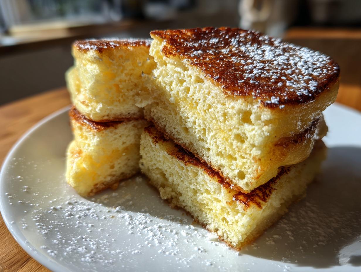 Close-up of a stack of fluffy Lemon ricotta pancakes dusted generously with powdered sugar on a white plate.