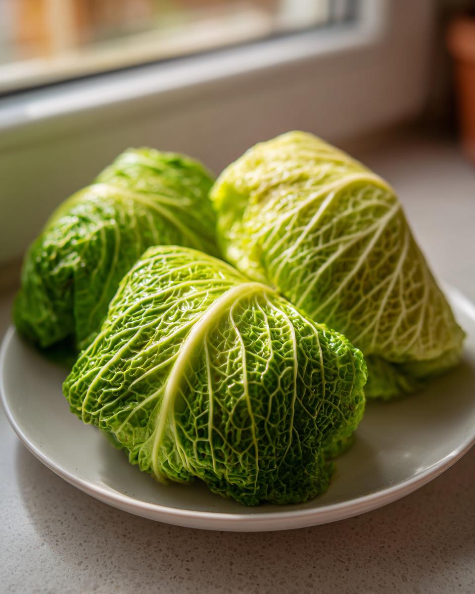 Three uncooked cabbage dumplings wrapped in vibrant green cabbage leaves sitting on a light plate.