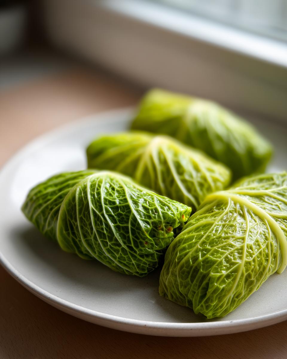 Close-up of several bright green cabbage dumplings resting on a light gray plate near a window.