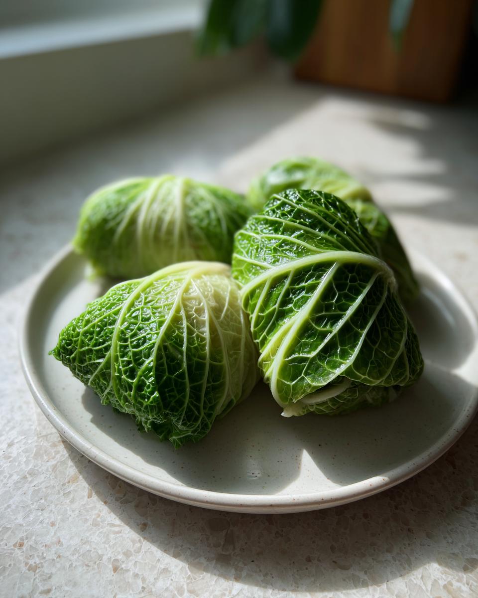 Four uncooked cabbage dumplings wrapped tightly in vibrant green cabbage leaves resting on a speckled plate.