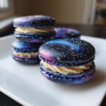 Close-up of galaxy-themed Star Wars macarons, featuring dark blue and purple shells dusted with edible glitter.