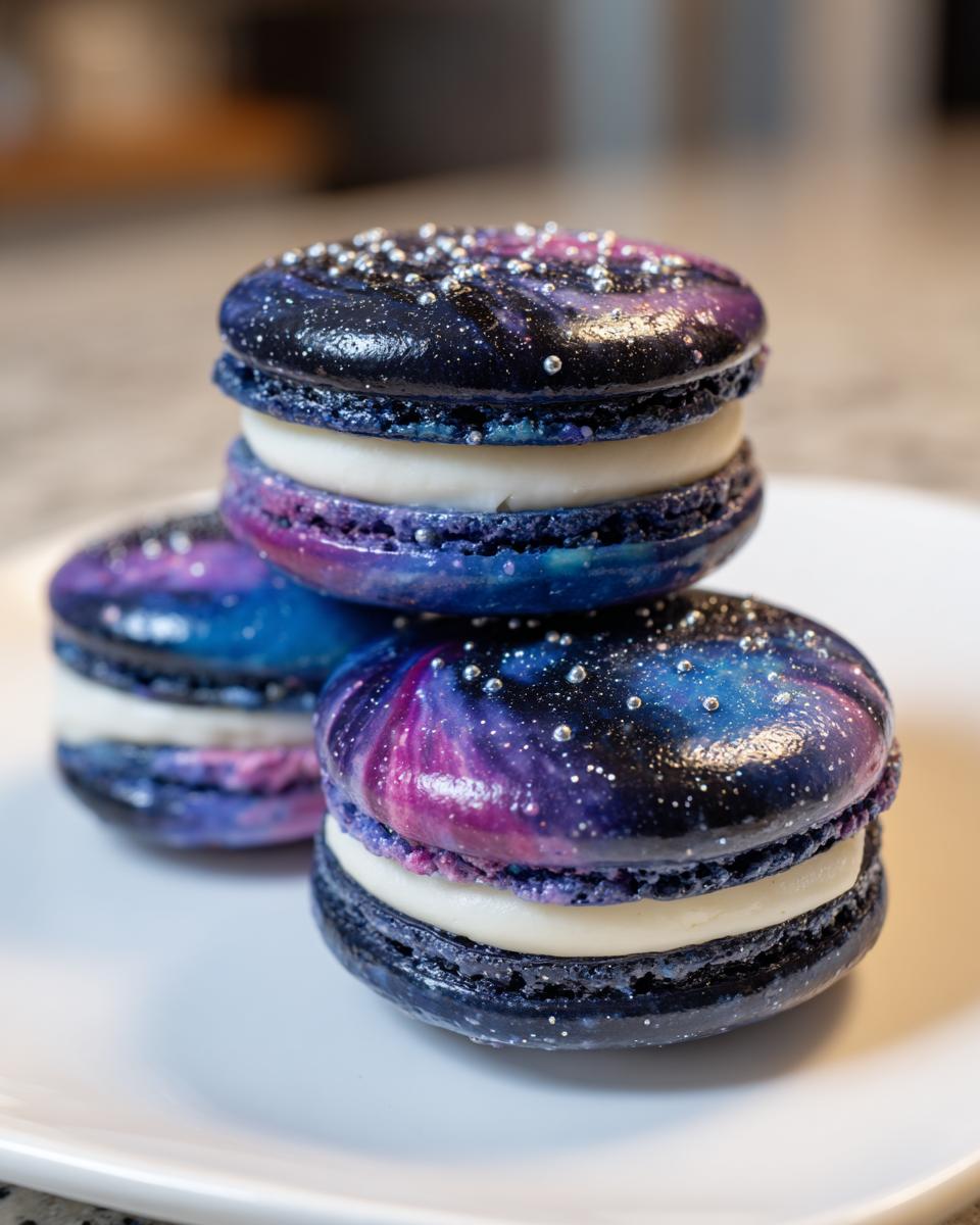 Three galaxy-themed Star Wars macarons with purple and blue swirls and silver sprinkles stacked on a white plate.